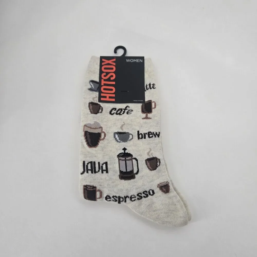 New HotSox Women Coffee Crew Socks Size 4-10.5‎ Espresso Cafe French Press